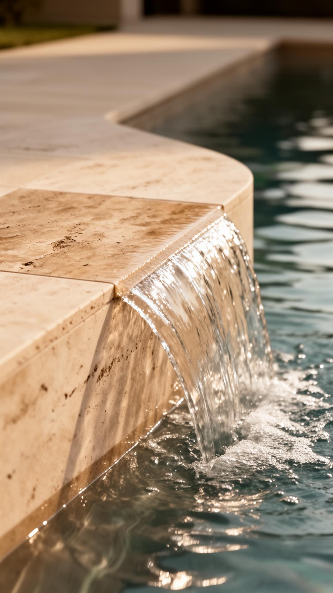 Water sheeting over hand-set travertine pool edge