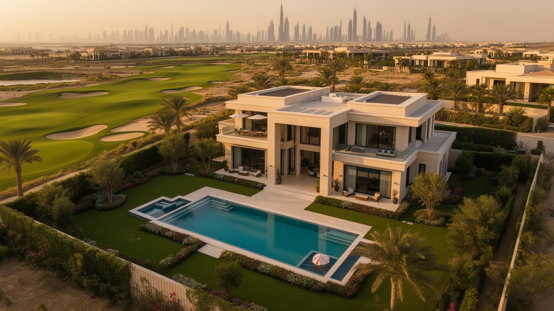Aerial view of a luxury Dubai Hills Estate villa with designer pool